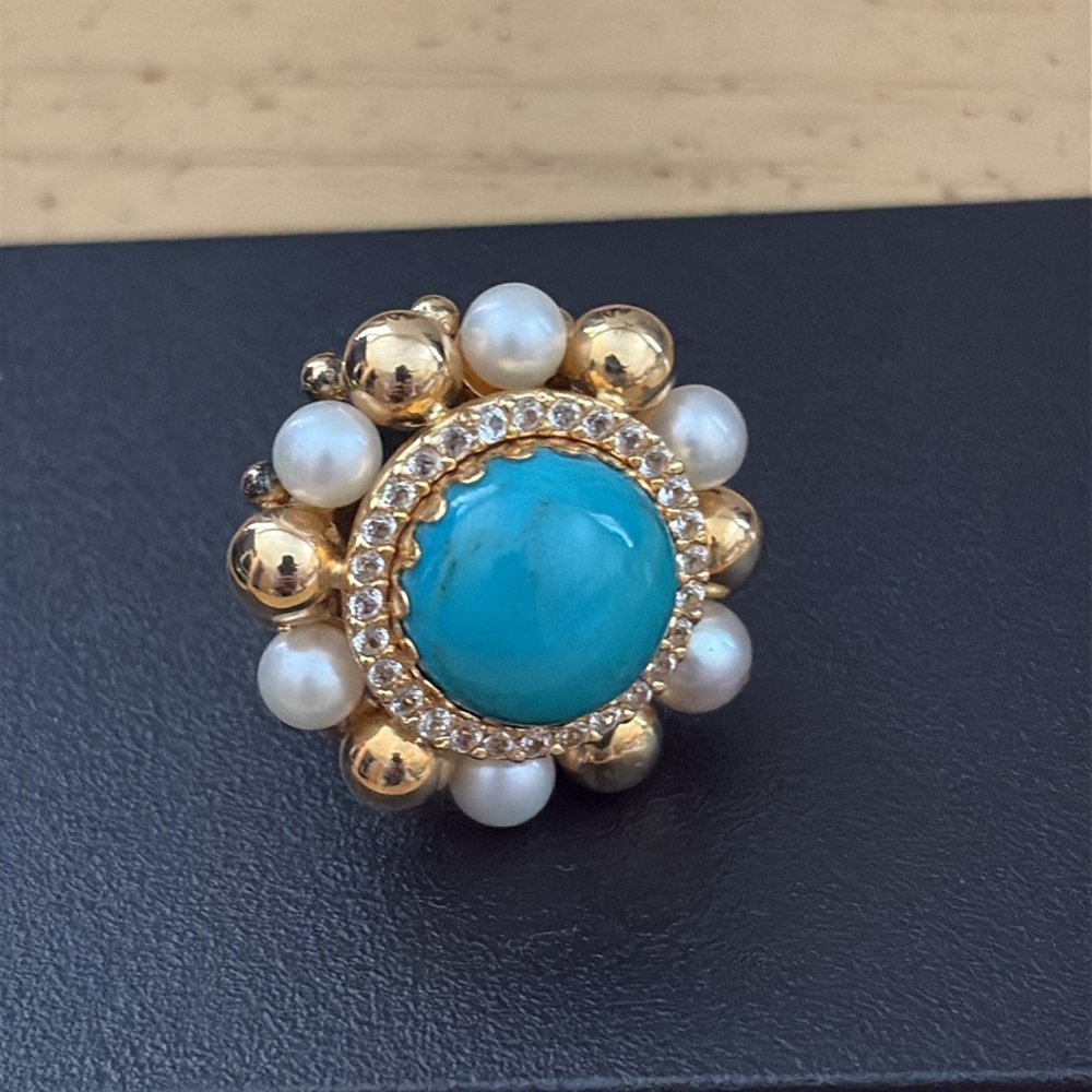 Ladies pearl, torquoise and white sapphire ring. Either 10k or 14k.